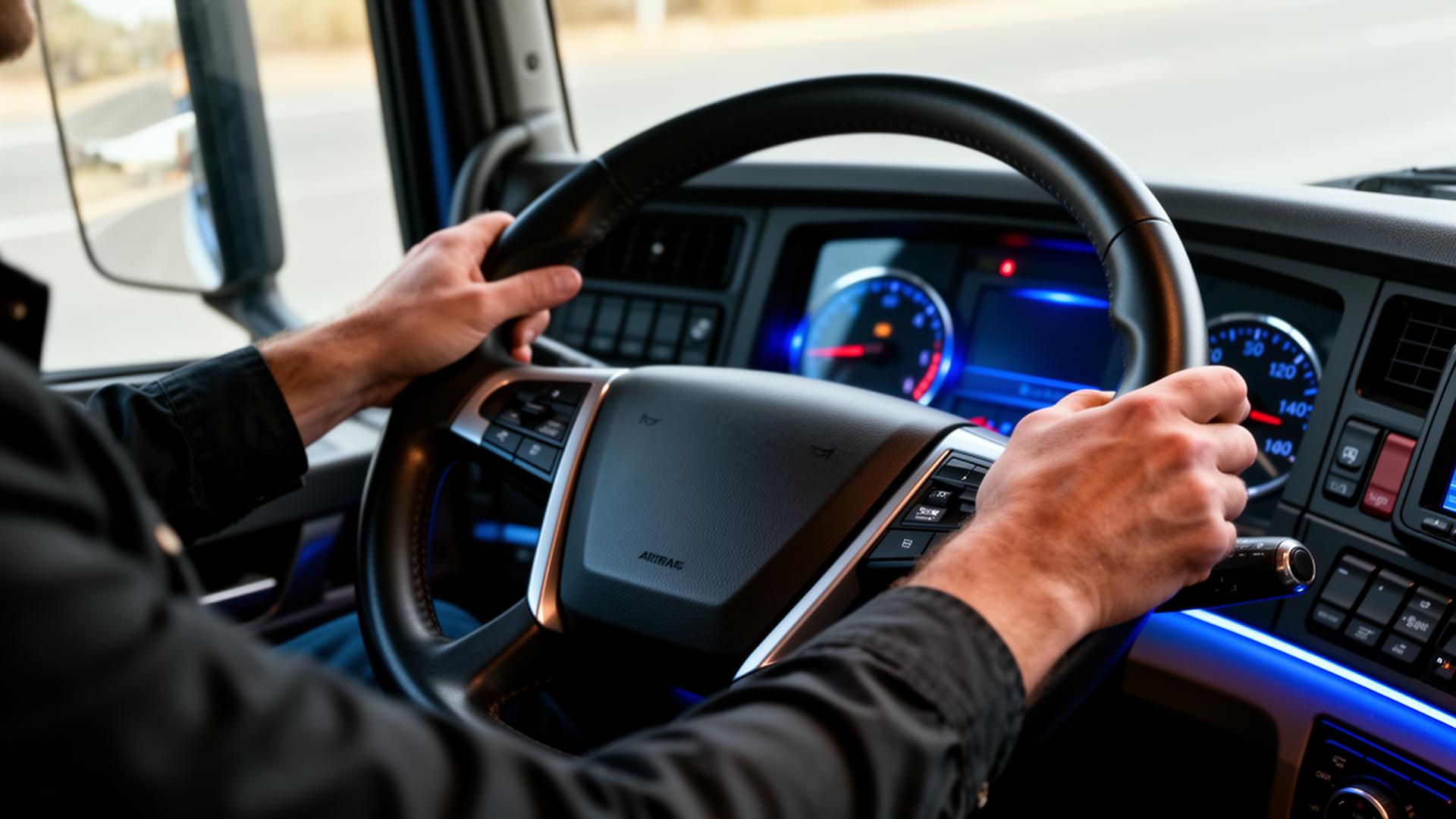 Driver's hands on the steering wheel of a modern semi-truck